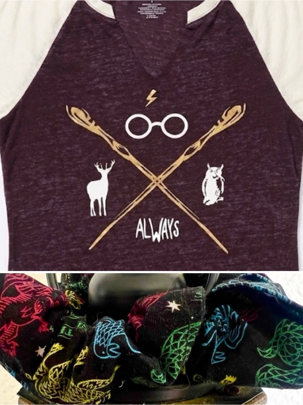 Set 2017 Harry Potter "Always" Split V-Neck Raglan Tissue Tee & Hair Scrunchie S